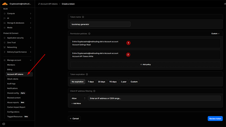 Cloudflare Create a token form with two Permission policies: Account Settings Read, Account API Tokens Write